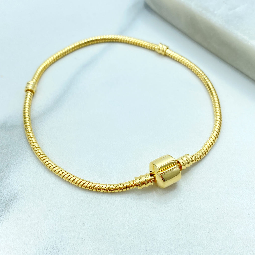 18k Gold Filled Snake Chain Bracelet, European Style Charm Bracelet, Cable Bangle for Charms, Barrel Clasp, Charm Holder Bracelet