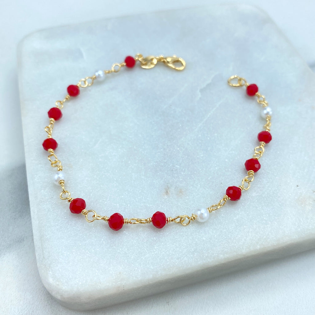 18k Gold Filled Colored Beads Set, Red White Beaded Chain, Necklace, Bracelet or Earrings