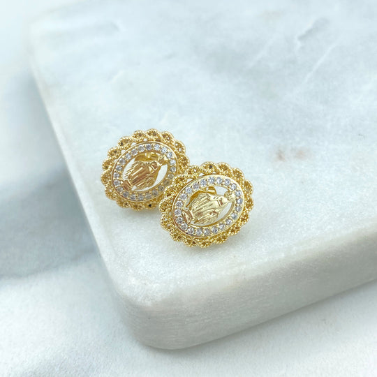18k Gold Filled La Milagrosa Stud Earrings with Micro CZ, Miraculous Virgin Medal Earrings with Micro Pave