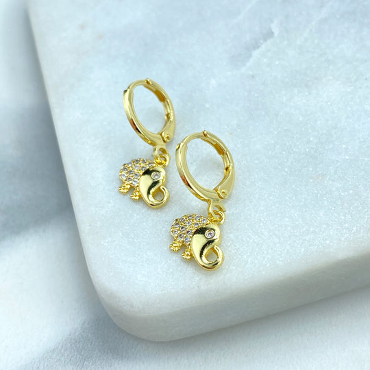 18k Gold Filled Huggie Earrings with Elephants Chams, Elephant CZ Huggie Earrings, Elephant Charm Gold Earrings with Zirconia