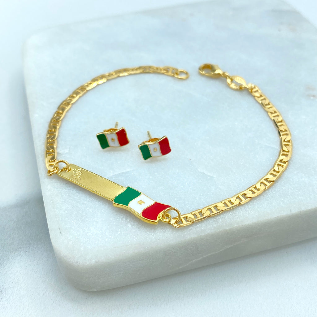 18K Gold Filled and Enamel Mexican Flag ID Mariner Link Bracelet or Stud Earrings Mexican Flag, Patriot Jewelry