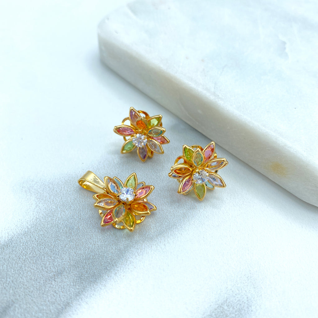18k Gold Filled Multi Colored Crystal Flower Charm and Stud Earrings SET