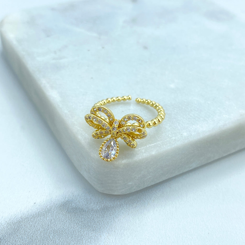 18k Gold Filled Ribbon Bow Ring featuring Micro CZ | Adjustable Ring