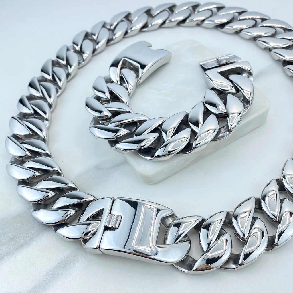 EC4Shop 31mm Wide 316L Stainless Steel Cuban Link Bracelet – Heavy Silver Chain For Men