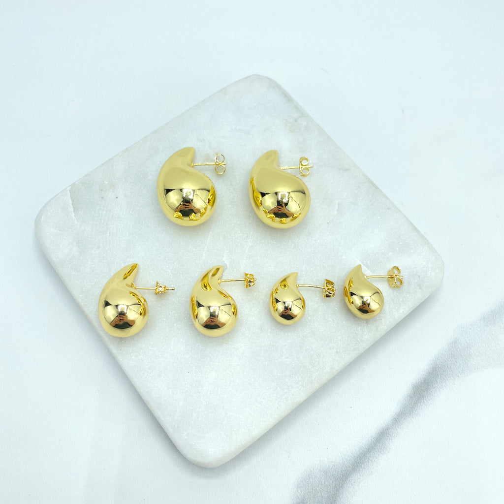 18k Gold Filled Gold Dome Earrings, Chunky Vintage Drop Shape Earrings, Teardrop Puffed