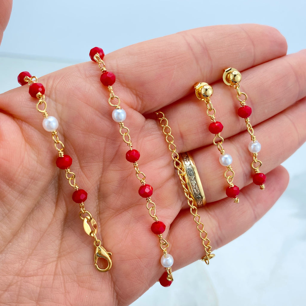 18k Gold Filled Colored Beads Set, Red White Beaded Chain, Necklace, Bracelet or Earrings