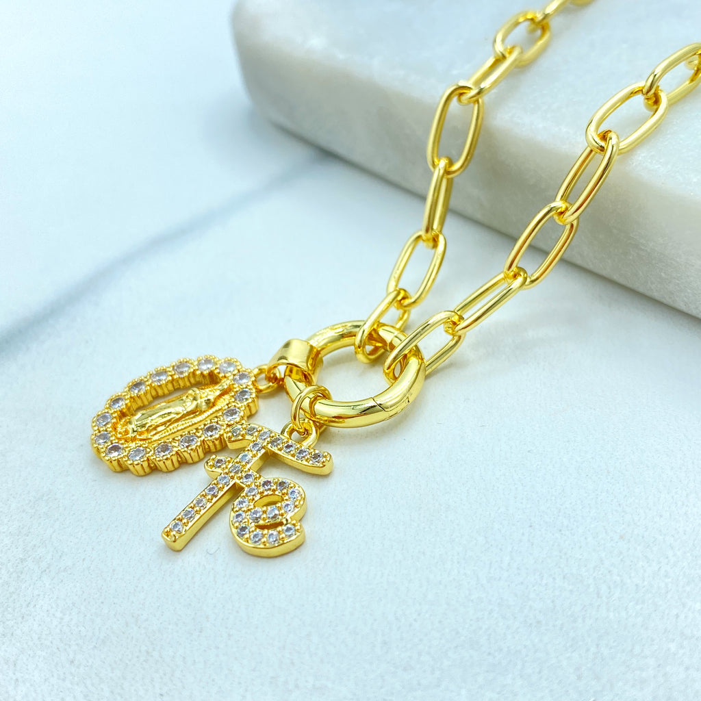 18k Gold Filled Necklace, Paperclip Chain with CZ Guadalupe Medal & “Fe” Charm Necklace, 16" + Extender