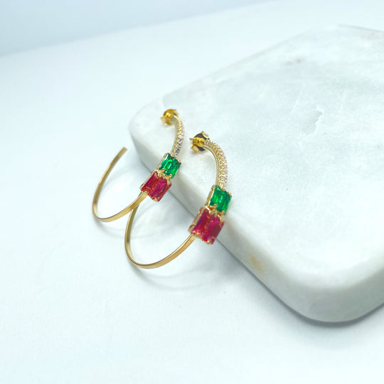 18k Gold Filled C-Hoop Earrings featuring Micro Pave CZ, Green & Pink Cubic Zirconia