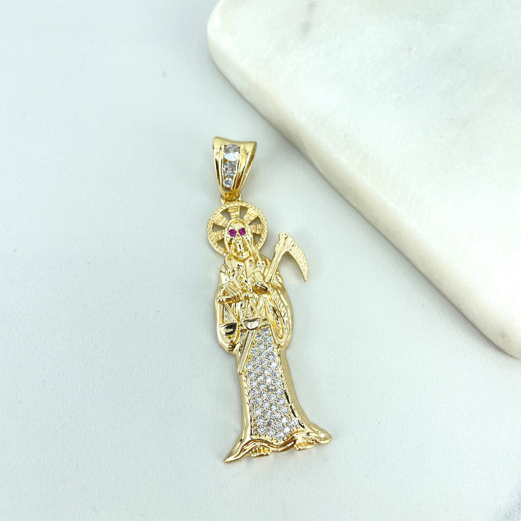 18k Gold Filled Clear & Pink CZ Grim Reaper Skeleton Religious Pendant