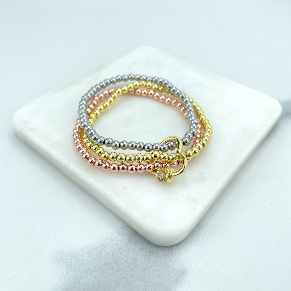 18k Gold Filled Three Tone 4mm Beads Elastic Stackable Bracelet & Micro Cubic Zirconia Heart Charm