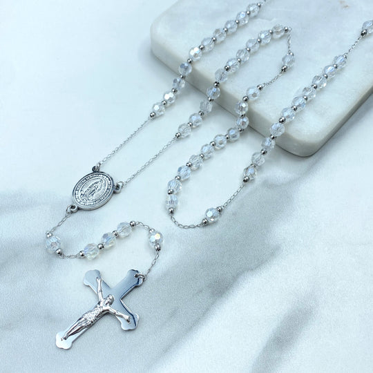 Stainless Steel Clear Beads Long Rosary with 'Nuestra Señora de Guadalupe' Charm, 26 Inches, Our Lady of Guadalupe