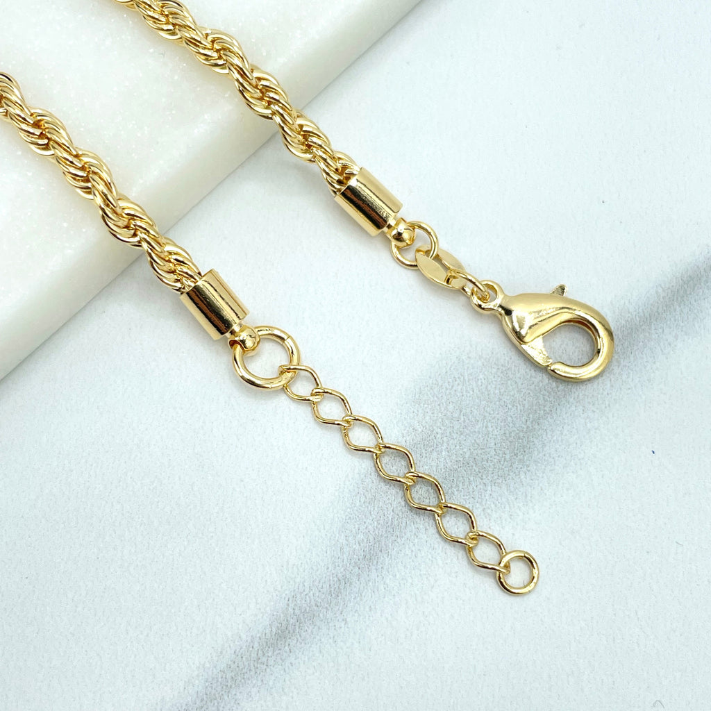 18k Gold Filled 2mm Rope Chain and Extender, with Two Puffed Dangle Bracelet