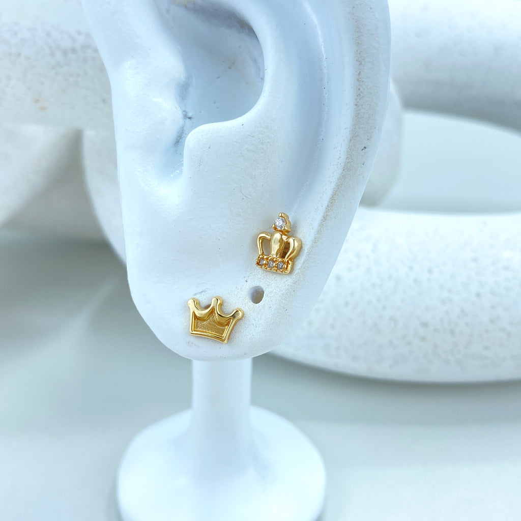 14k Solid Gold Crown Stud Earrings, Gold Crown or featuring Cubic Zirconia Crown