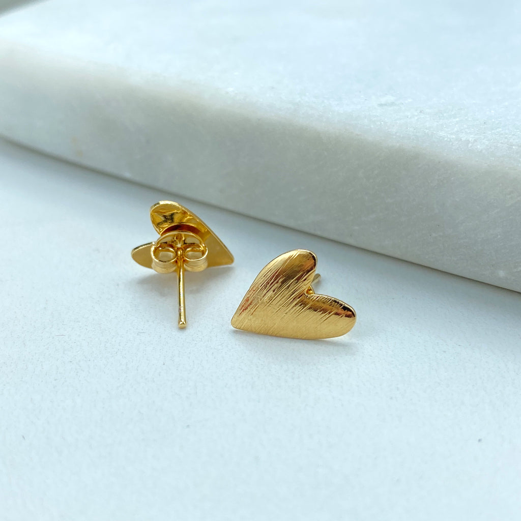 18k Gold Filled V Heart Necklace or Earrings, Textured V Heart Charm Necklace, Textured Heart Stud Earrings