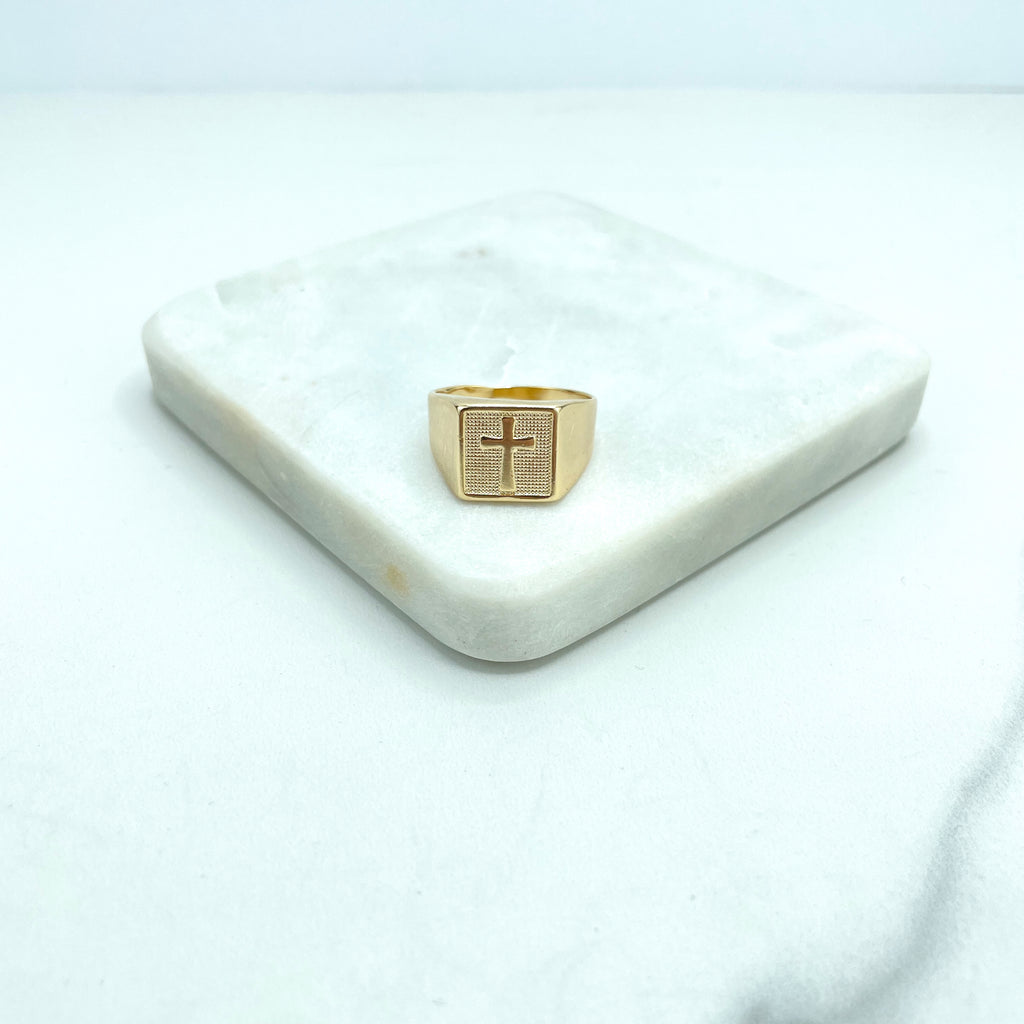 18k Gold Filled Texturized Cross Signet Men's Ring, Medal Cross Religious Ring