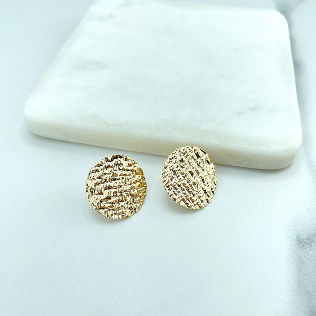 18k Gold Filled Round Hammered Coin Disc Stud Earrings, Texturized Geometric Earrings