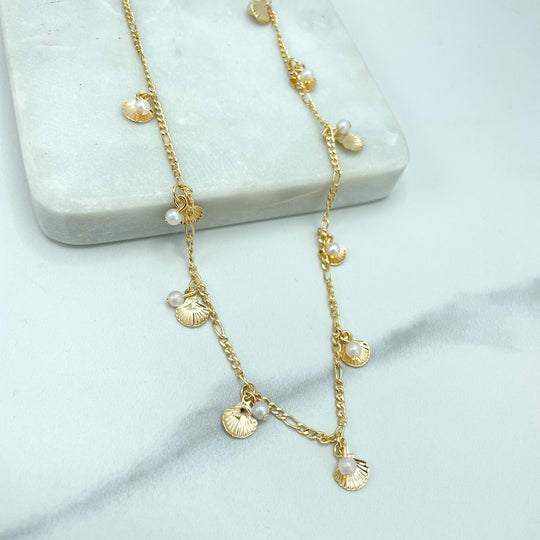 18k Gold Filled 2mm Figaro Chain,with Shells and Simulated Pearls Charms Necklace