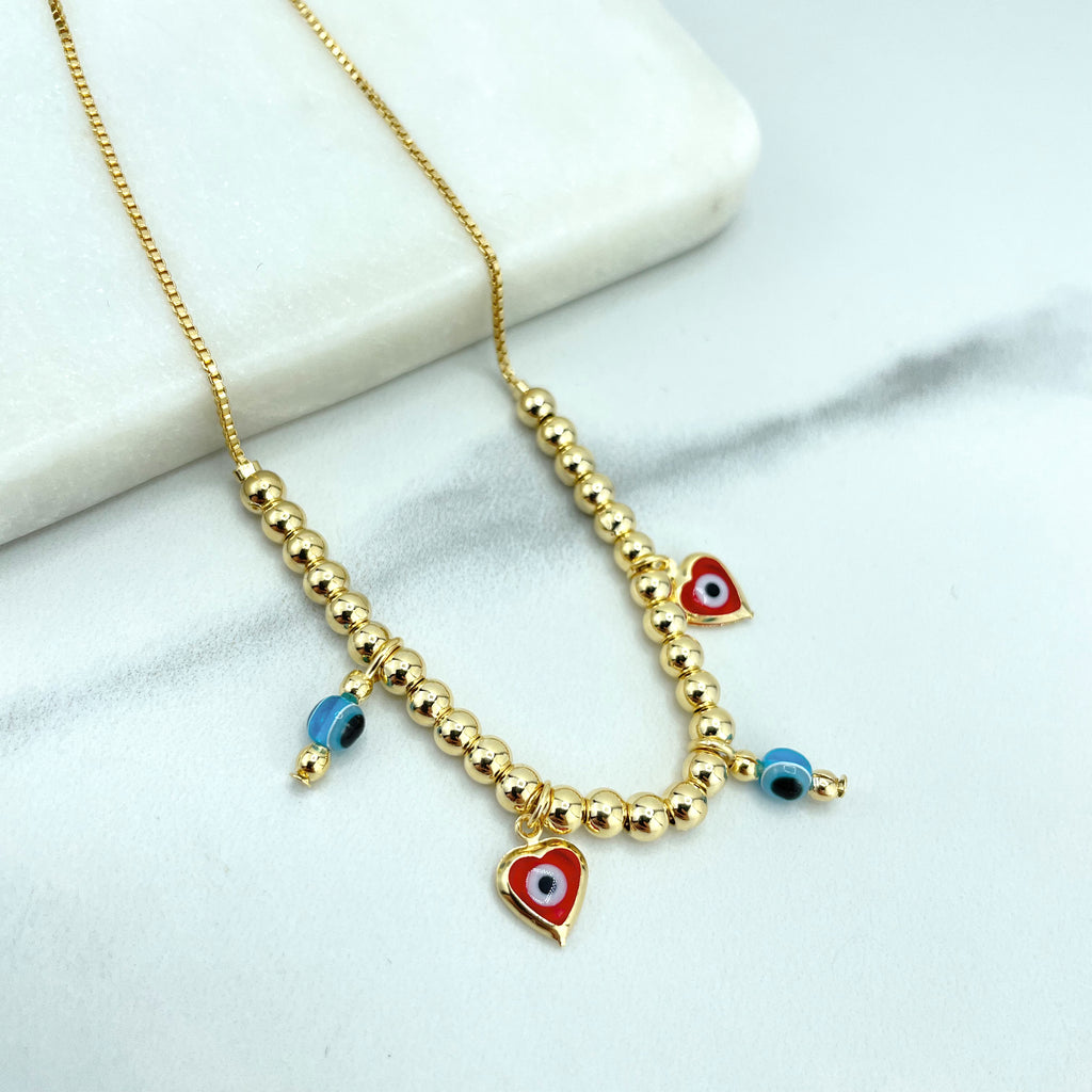18k Gold Filled Gold Beads & Dangle Heart Shape Red Evil Eye Anklet