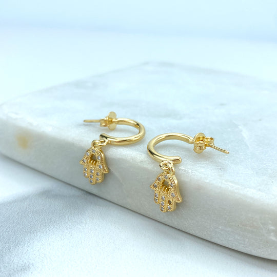 18k Gold Filled Huggie Earrings with Drop Dangle Hamsa Hand Charm featuring Micro Pave CZ