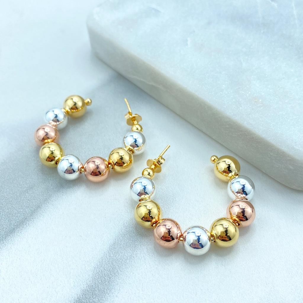 18k Gold Filled 35mm Three Tone Balls Hoop Earrings, Tri-Color Gold, Silver and Rose Gold Hoop, C-Hoop Earrings