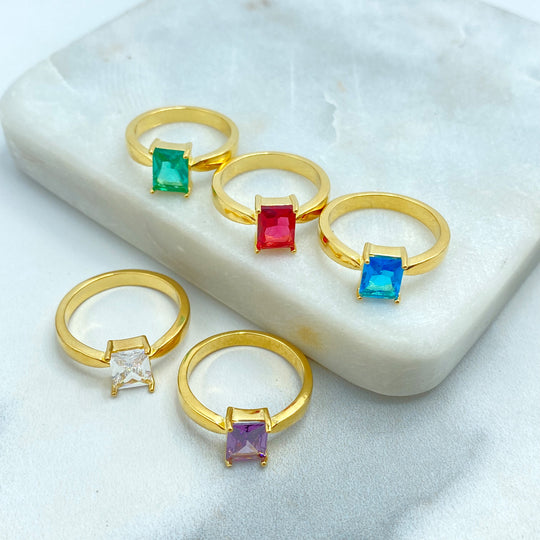 18k Gold Filled Rectangular Stone Ring, Birthstone Baguette Ring, Graduation Ring, Colorful Stone Ring