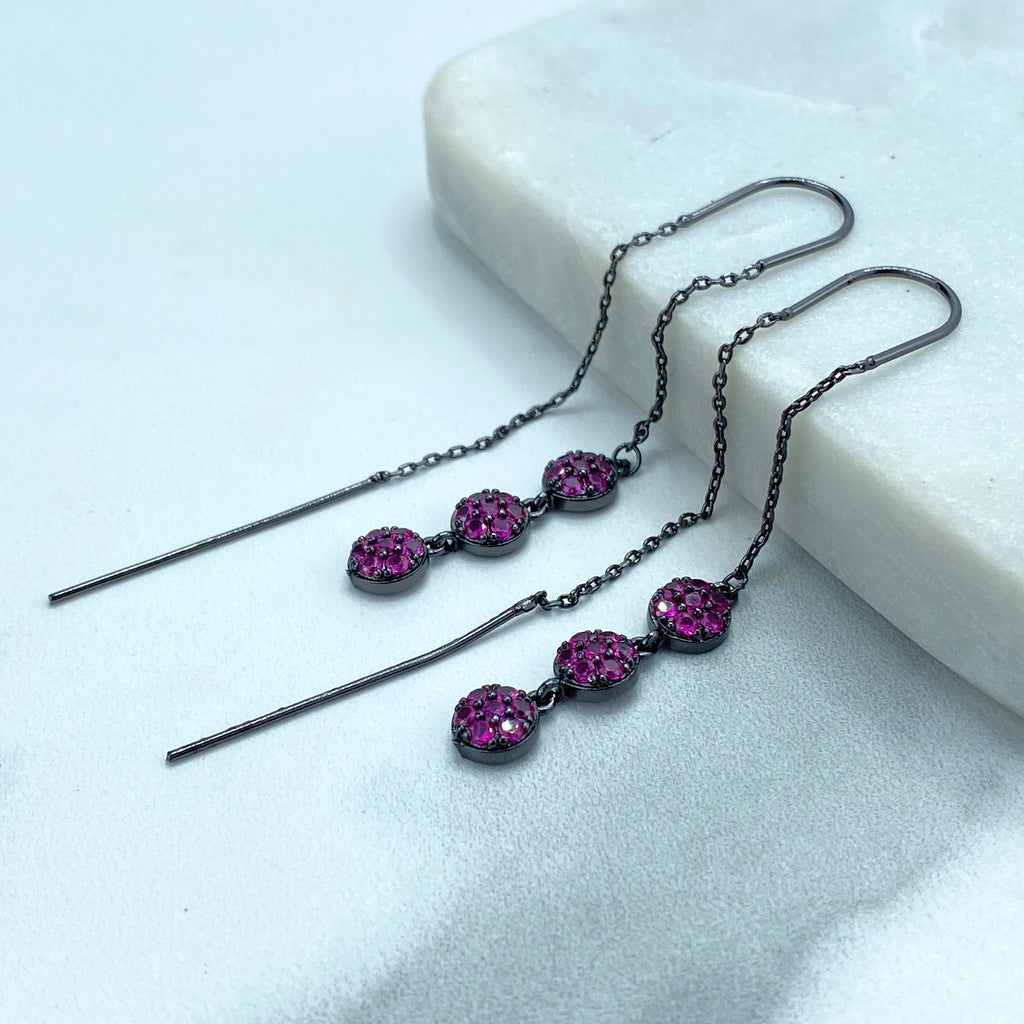 Rhodium Hematite Tone Chain Threader Earrings with Colored Cubic Zirconia Drop Circles, Pink, Green or Purple