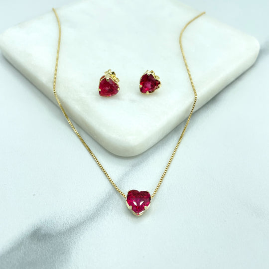 18k Gold Filled Set, Colored Solitaire Zirconia in Heart Shape, Tear Shape or Circle Shape