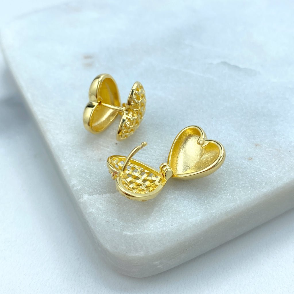 18k Gold Filled Textured Heart Shape Petite Earrings, Polished Back