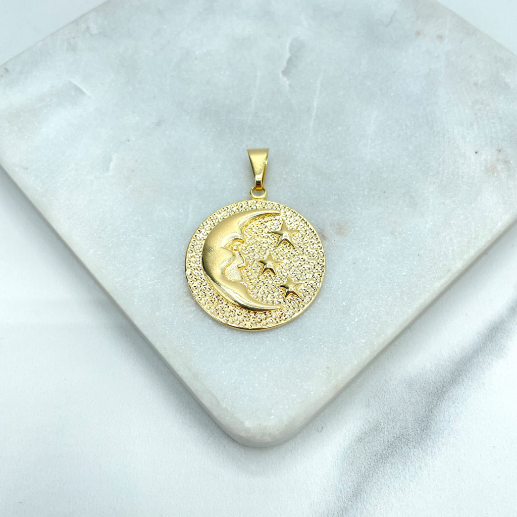 18k Gold Filled Half Moon with Face and Stars Texturized Medal, Medallion Pendant