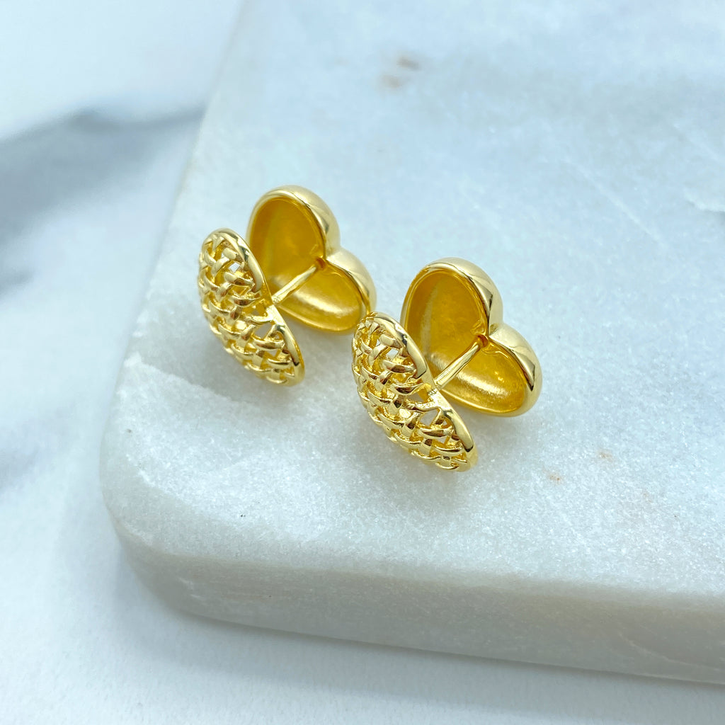 18k Gold Filled Textured Heart Shape Petite Earrings, Polished Back