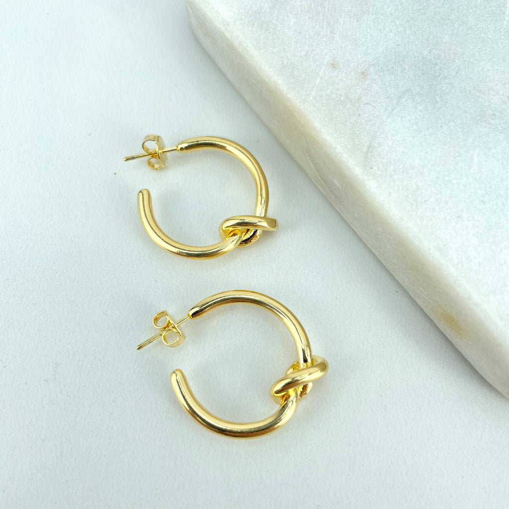 18k Gold Filled Tubular Modern C-Hoop Earrings with Tied Knot on Center