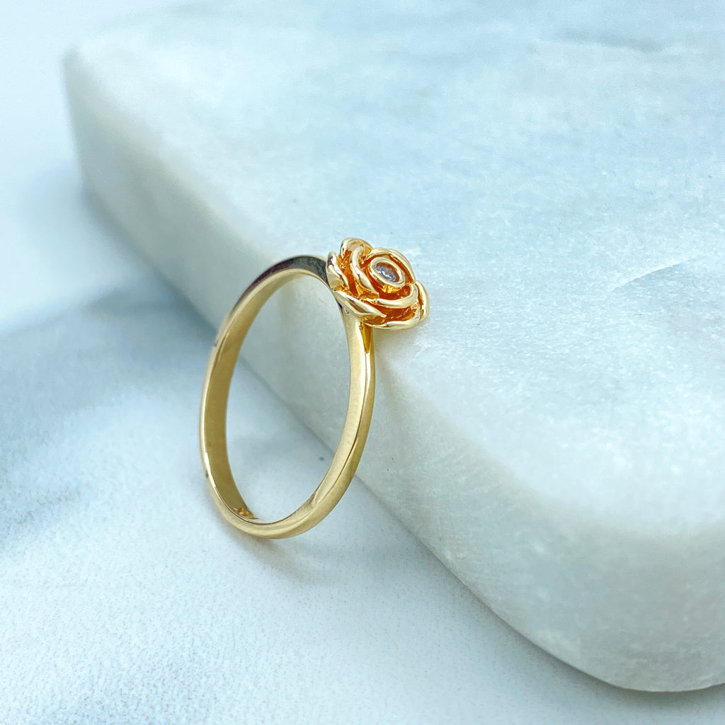 14k Solid Gold Minimalist Floral Ring, 14k Solid Gold Rose Ring featuring Cubic Zirconia