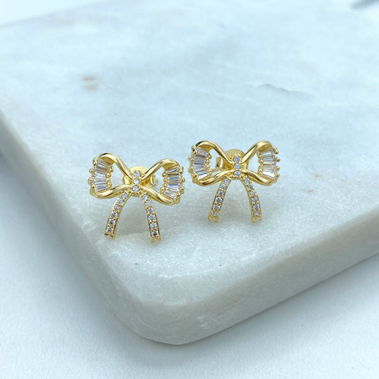 18k Gold Filled 16mm Petite Ribbon Bow Stud Earrings featuring Micro Pave, CZ, Cutout Bow Stud Earrings