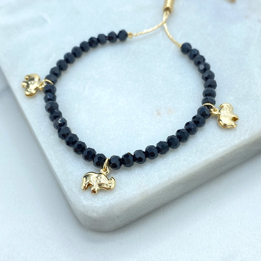 18k Gold Filled Beaded Adjustable Bracelet, Black Beads with Puffed Elephants Charms Adjustable Bracelet