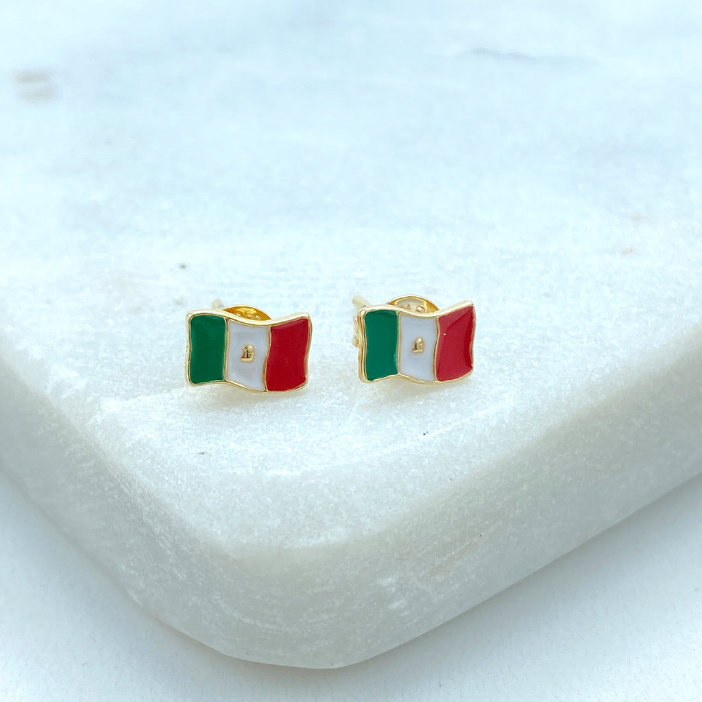 18K Gold Filled Mexican Flag Stud Earrings, Stud Earrings Mexican Flag Enamel Colorful, Patriot Earrings