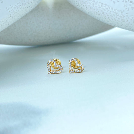 14k Solid Gold Heart Shape Stud Earrings featuring Cz, 14k Solid Yellow Gold CZ Heart Stud Earrings