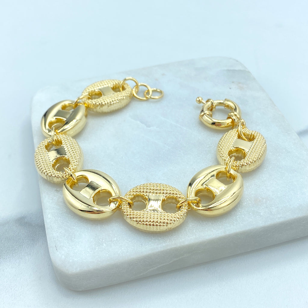 18k Gold Filled 18mm Plain and Textured Puffed Mariner Link Light and Hollow Bracelet 7.5"