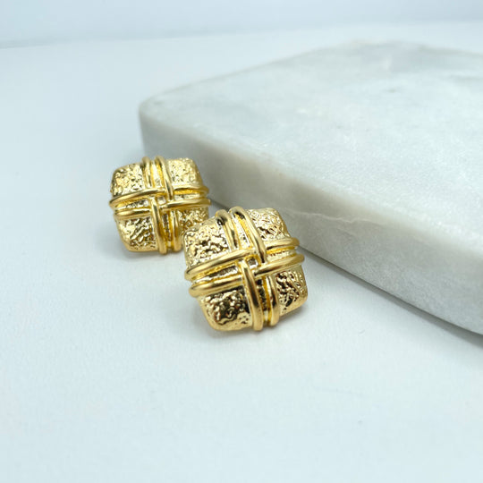 18k Gold Filled Square Textured Stud Earrings with Braided Detail, Push Back Closure