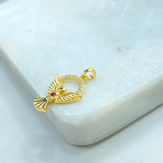 18k Gold Filled Angel Charm, CZ Halo Pendant with Red CZ Stone, Dainty Religious Jewelry, Faith Gift, CZ Angel Charm