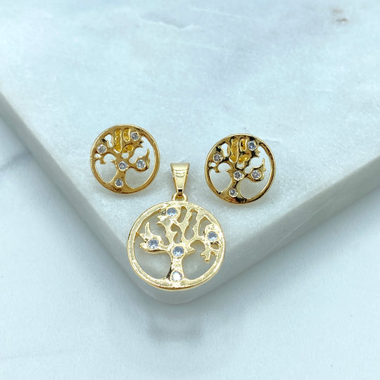 18k Gold Filled Tree of Life Stud Earring and Pendant Set, featuring Micro CZ, Cutout Style