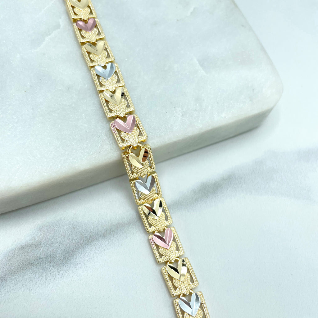 18k Gold Filled Tri-Tone Double Hearts Bracelet with Cutout Square Linked Shape Chain