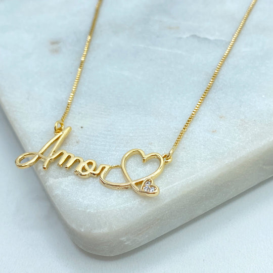 18k Gold Filled "Amor" Necklace, with Extender, Charm with Description "Love" in Portuguese/Spanish Necklace, with Hearts and CZ