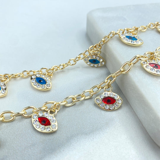 18k Gold Filled 5mm Rolo Chain Bracelet with Dangle Cubic Zirconia Evil Eyes Charms, Red or Blue Evil Eye Charm