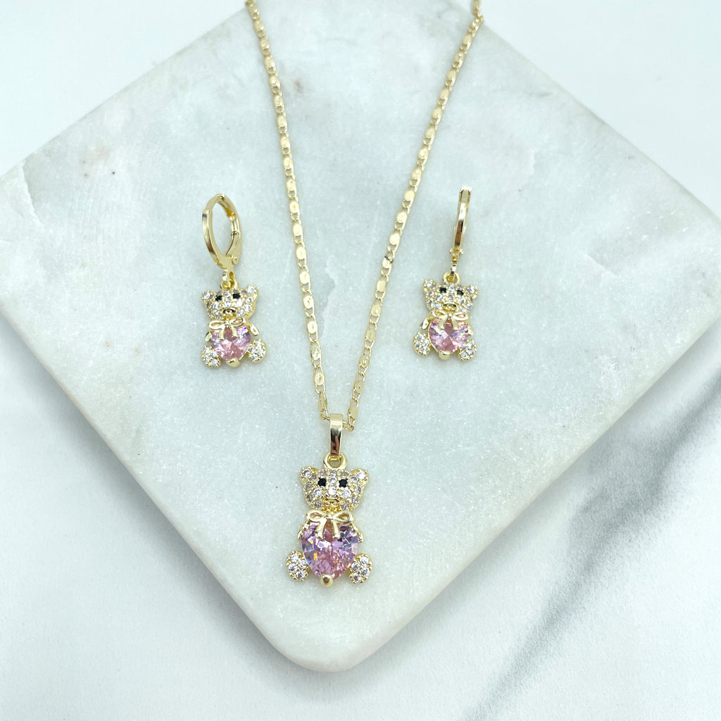 18k Gold Filled Micro CZ Teddy Bear Necklace & Huggie Earrings Set, Clear or Pink Heart