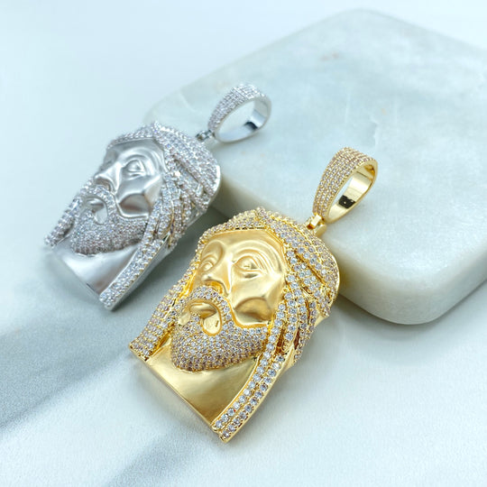 18k Gold Filled or Silver Filled Jesus Christ Face Pendant with Micro CZ, with Matte Finish, Large Bail