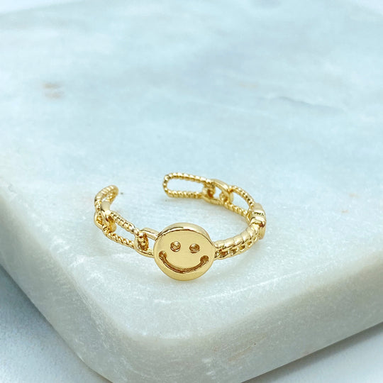 18k Gold Filled Happy Face & Heart Adjustable Ring, Curb Link Chain Style Ring with Happy Face and Heart