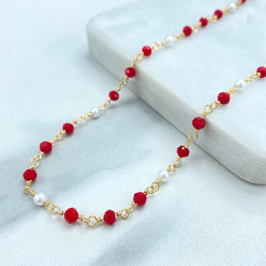 18k Gold Filled Colored Beads Set, Red White Beaded Chain, Necklace, Bracelet or Earrings