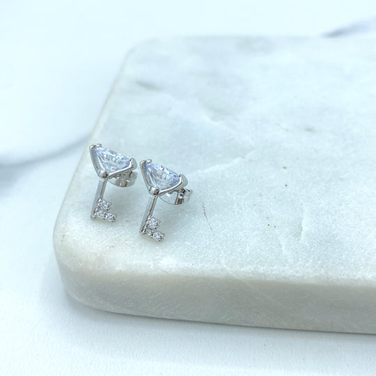 Silver Filled Key Shape Stud Earrings with Round Clear Solitaire Zirconia Top and Micro CZ