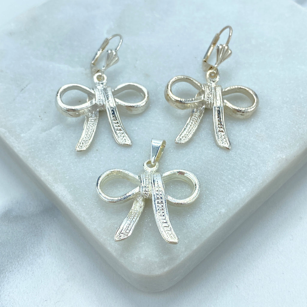 Silver Filled Ribbon Bow Charm or Drop & Dangle Earrings or Silver 925 Curb Link Chain