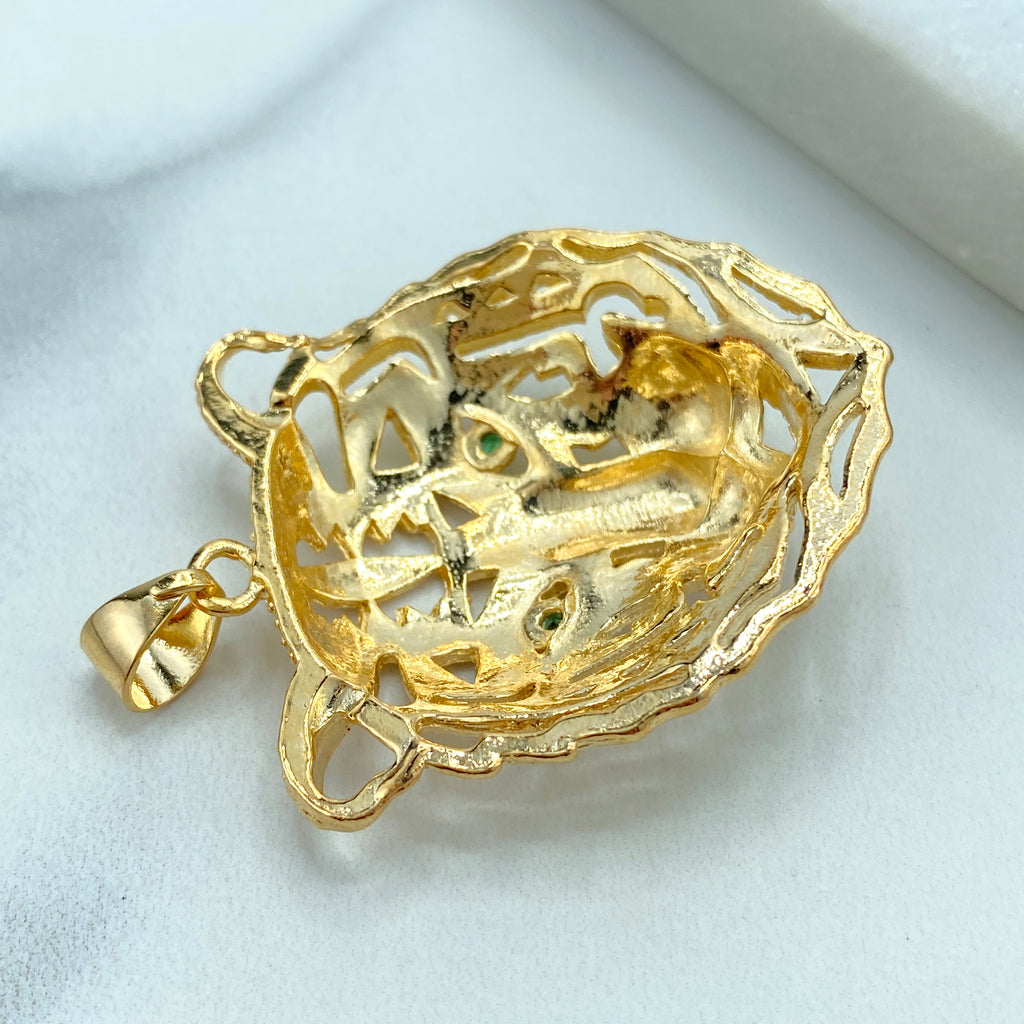 18K Gold Filled Cutout Animal Tiger Head Pendant, featuring Green CZ, Lion Head Pendant